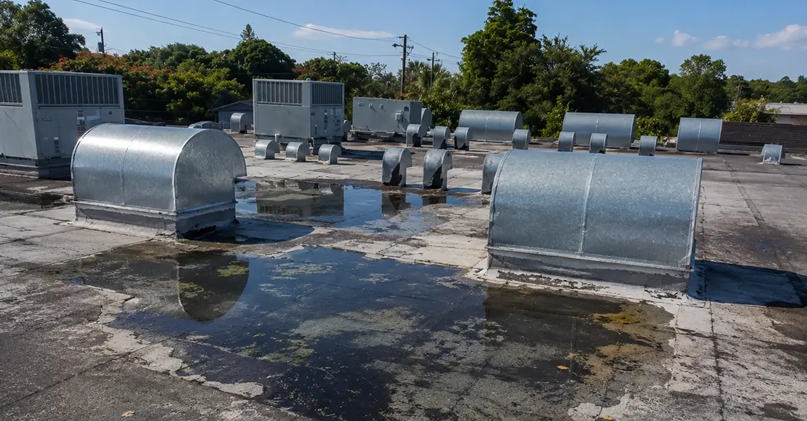 Commercial roof inspection in Fenton Missouri showing ponding water and membrane deterioration on flat roof in St. Louis County industrial property