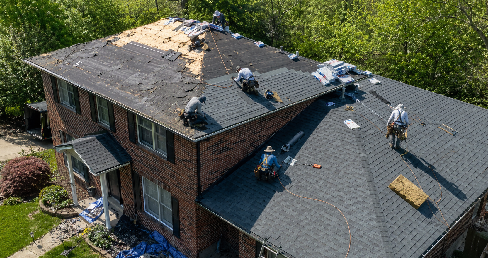One Way Roofing crew completing roof replacement in St. Louis County Missouri showing asphalt shingle installation on North County residential home