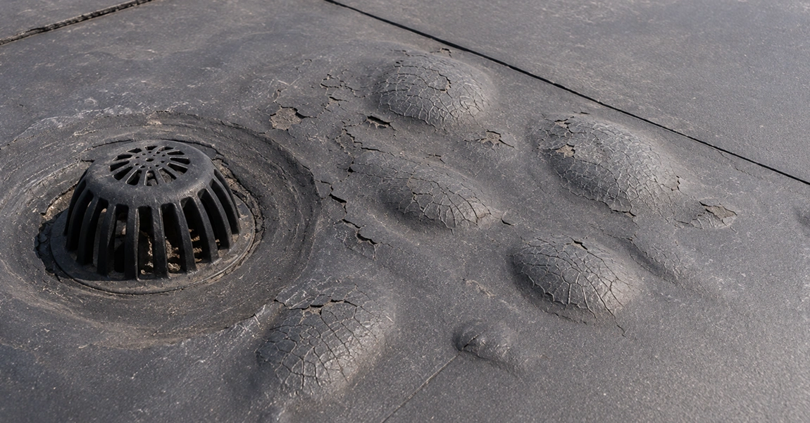 Close-up of low slope roof damage in Fenton showing UV blistering near a roof drain