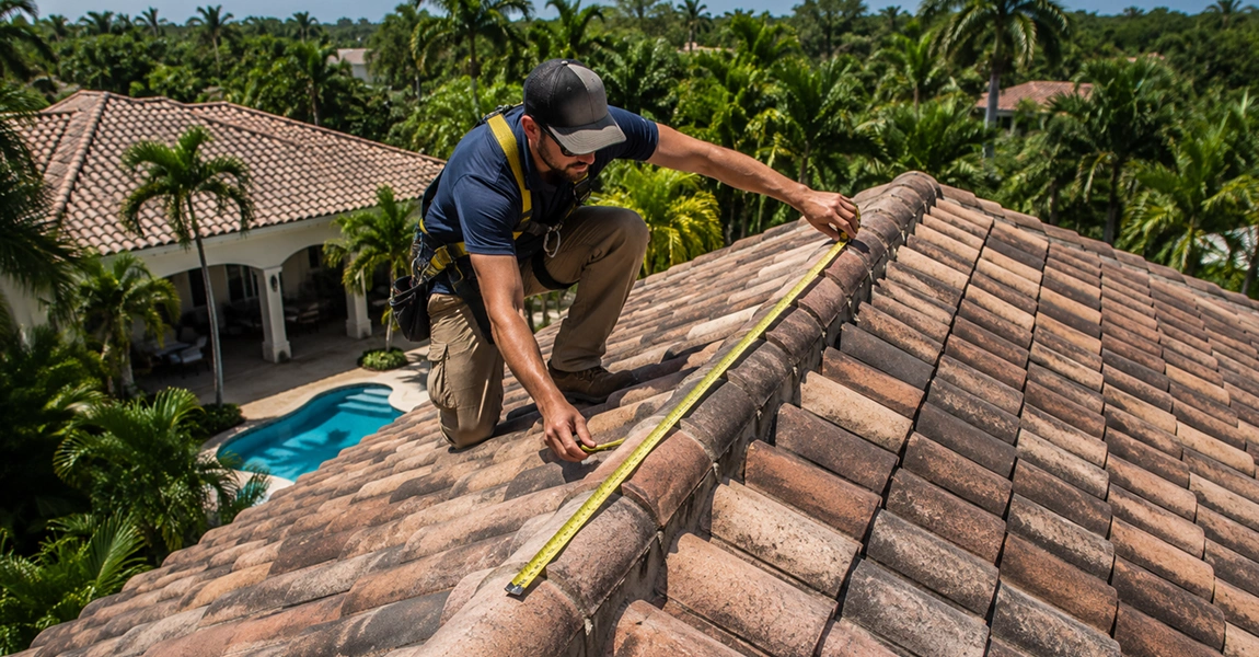 Contractor measuring a roof to estimate roof replacement cost in St. Louis County